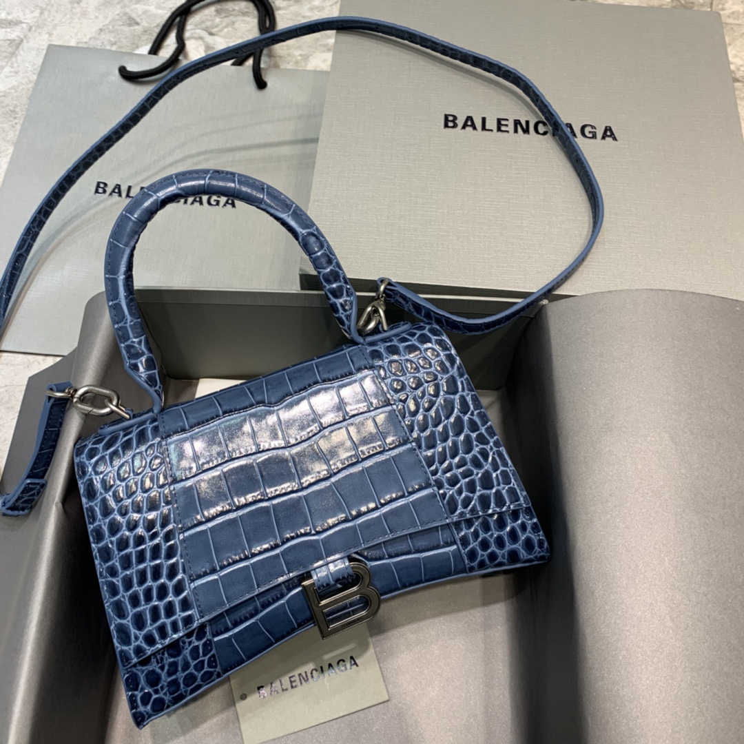 Balenciaga Hourglass Small Handbag Crocodile Embossed Shoulder Bag Gray Blue